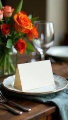 Empty place card on rustic table setting, close-up , invitation, detail, space