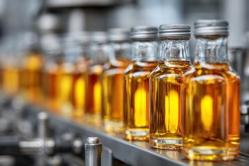 Clear glass bottles of amber liquid on a conveyor belt
