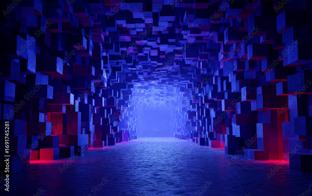 Poster vibrant cubic structure with blue and red lights creating a futuristic tunnel