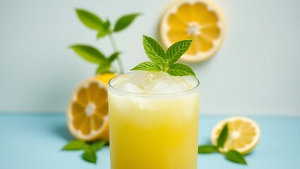 Lemon basil ice cream soda, fizzy texture captured, minimalist product display, citrus-themed background