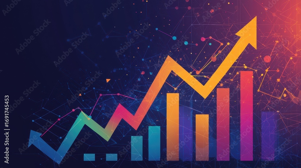 Poster a colorful, abstract representation of upward-trending graphs, symbolizing growth and progress in da