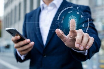 Man in suit touches fingerprint scanner on digital interface holding smartphone biometric