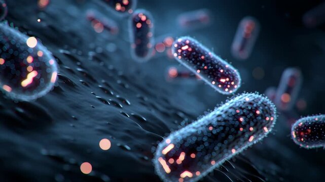 Bacteria microbe pathogen biofilm infection medicine science health glowing microbiology antibiotic microscope laboratory macro dark surface eerie