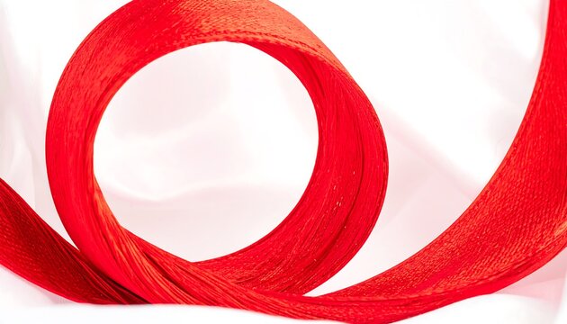 Red ribbon coiled on white fabric