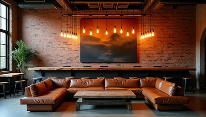 Modern Industrial Bar and Lounge Exposed Brick and Leather Sofas Creating a Cozy Urban Vibe