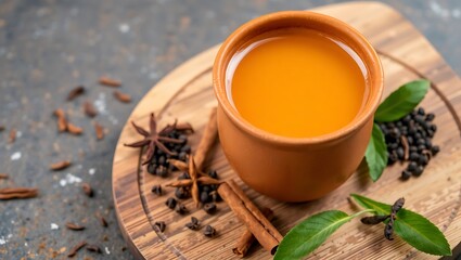 Masala chai in a terracotta cup on a wooden tray, surrounded by spices like cloves, cinnamon, and black pepper