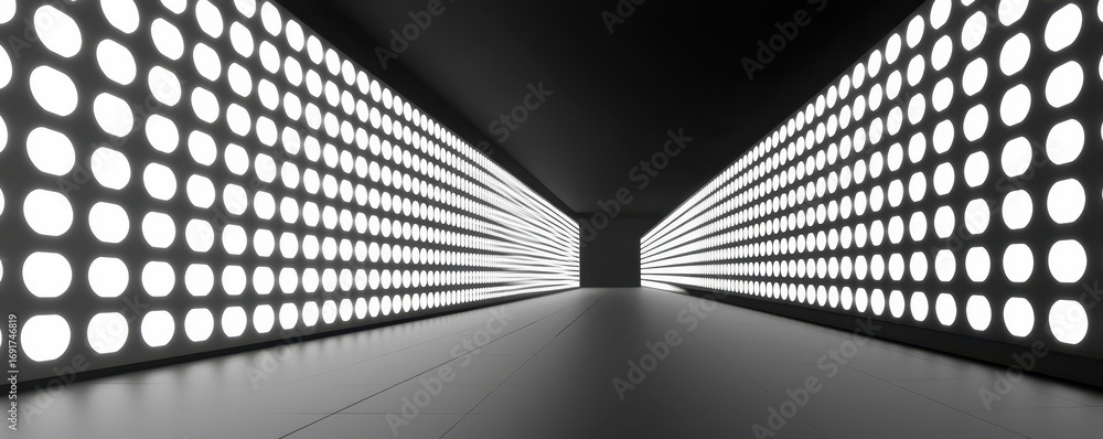 Poster a futuristic corridor illuminated by rows of glowing circular lights, creating a striking contrast b