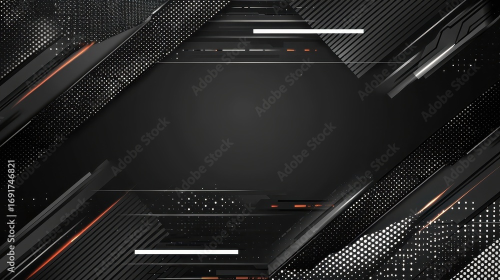 Poster a sleek, modern graphic design featuring angular lines and dotted patterns on a black background, pe