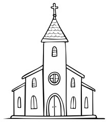 Simple line drawing of a church building with a steeple and cross