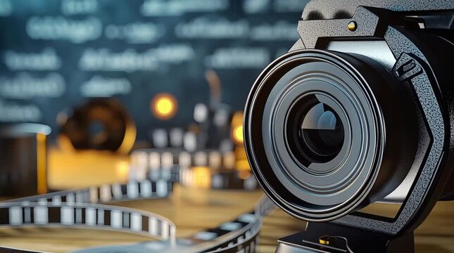 Camera lens film strip photography equipment creative studio cinematic mood with vintage analog focus concept, professional retro technology