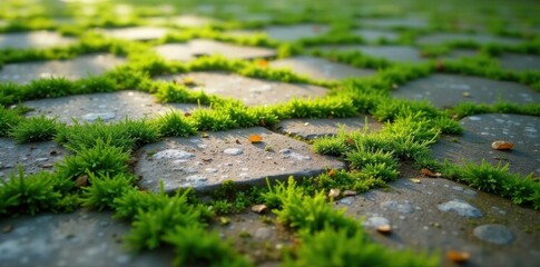 Fototapeta premium Moss thrives in paving stone crevices, creating geometric patterns , pavement, stone