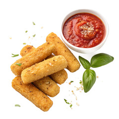 Crispy fried mozzarella sticks with marinara dip on transparent background for snack branding