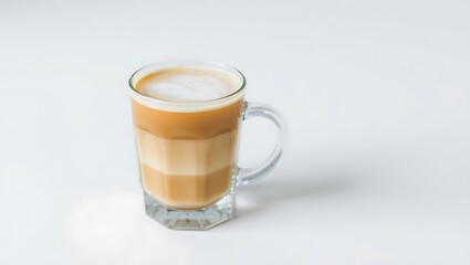 Latte in a transparent glass cup with coffee layers visible, placed on a pristine white surface