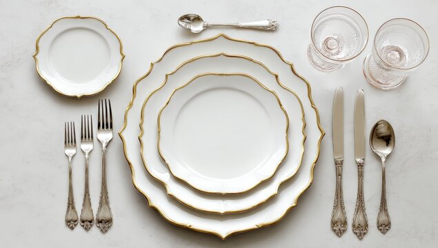 Elegant white and gold dinnerware set displayed on a light gray surface