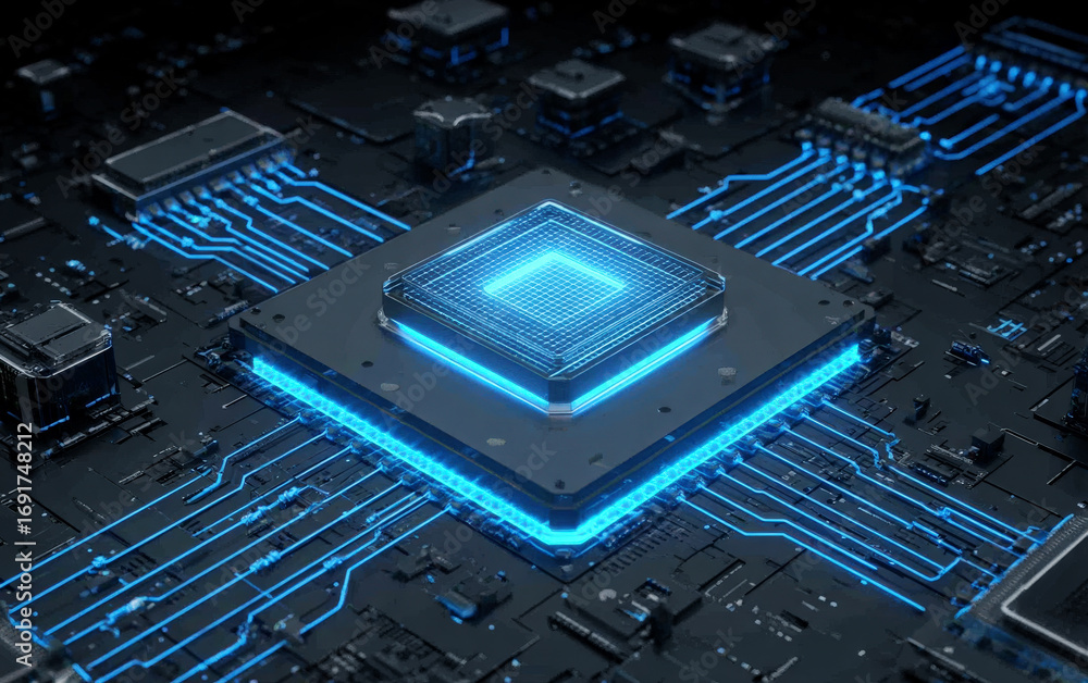 Poster high-tech circuit board with glowing central processor