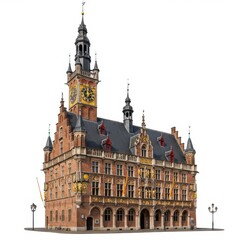 Fototapeta premium A detailed full shot of a historic brick town hall, showcasing intricate architectural details and a clock tower against a pure white background.
