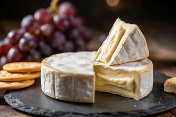 Soft white rind cheese with grapes and crackers on dark slate brie camembert