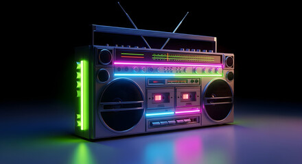 Retro Boombox Glowing with Vibrant Neon Lights Against a Dark Abstract Background, 80s Style