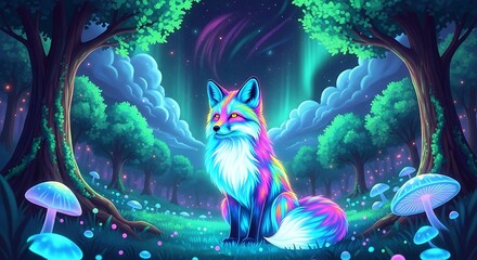 A whimsical illustration of a vividly colored fox in a glowing fantastical woodland setting at night underneath the