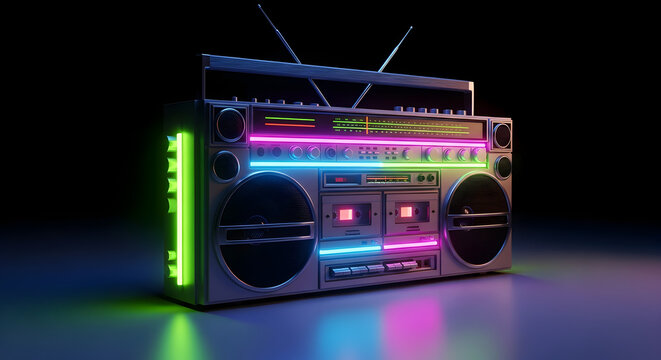 Retro Boombox Glowing with Vibrant Neon Lights Against a Dark Abstract Background, 80s Style