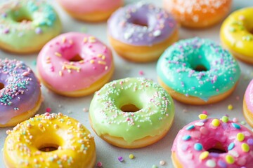 Colorful baked donuts with sweet icing and sprinkles on a white background