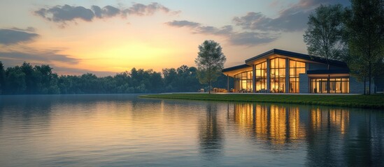 Fototapeta premium Lakeside Modern House Sunset Reflection Stock Photo