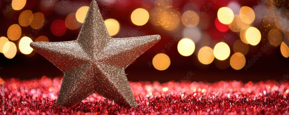 Poster a sparkling gold star sits on a festive red background, surrounded by soft bokeh lights, creating a 