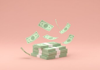 Stacks of money and falling banknotes concept of wealth and success