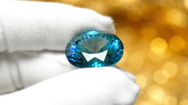 Gloved hand holding sparkling blue topaz gem