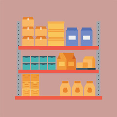 This image shows a storage rack of supplies with four orange shelves filled with stacked boxes and containers against a pale salmon background.