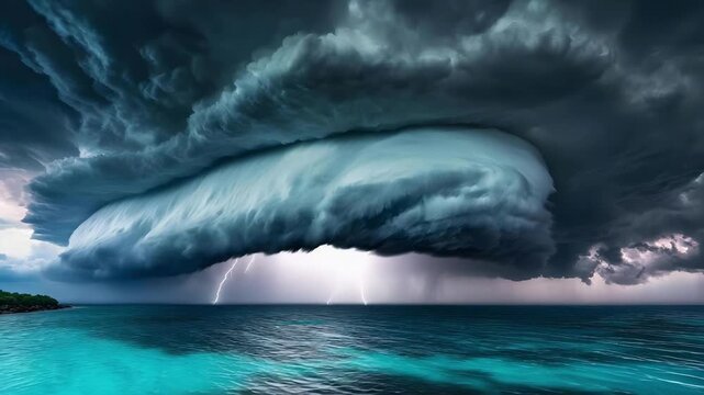 A massive shelf cloud over turquoise ocean waters with bright lightning bolts flashing from a powerful thunderstorm.