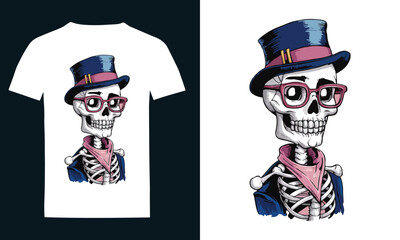 Stylish Skeleton T-Shirt Design with Hat and Glasses.
