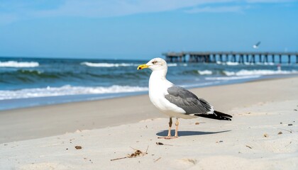 Seagull on Sandy Beach near Pier