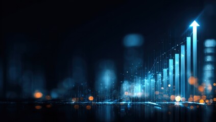 Abstract graphic of rising bar graph over cityscape