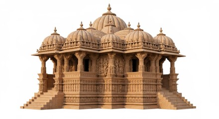 Ornate stone temple structure, exhibiting intricate carvings and tiered architectural design, displays a rich cultural heritage against a plain white background.