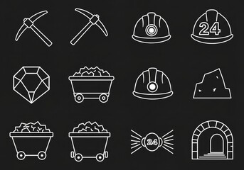 A set of white line art icons depicting mining equipment, resources, and infrastructure on a dark background.