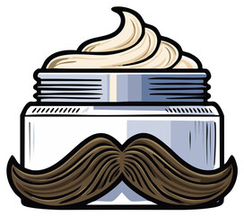 Stylized illustration of a grooming cream jar with a traditional mustache for male personal care products