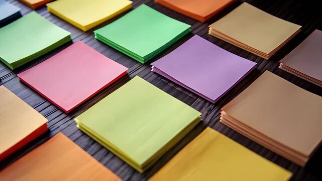 Colorful sticky notes arranged in a grid on a wooden surface.