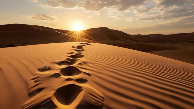 Footprints trail across golden desert sand toward the setting sun over rolling dunes.