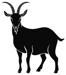Obraz premium Black goat silhouette with prominent curled horns, beard, and detailed hooves standing on a white background