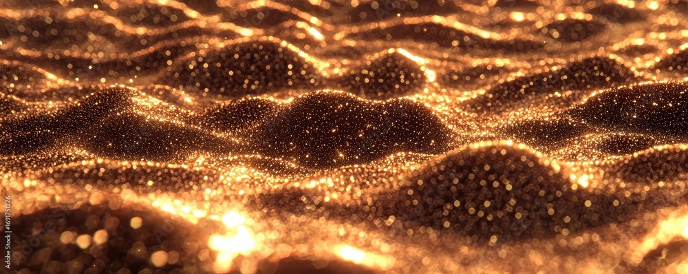 Poster a mesmerizing close-up of shimmering golden waves, filled with sparkling particles, creating a dream