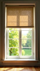 Open window with raised roller blind, sunlight streaming in, sunlight, up, view