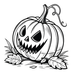 Halloween vector art of a detailed black and white illustration of a jackolantern with leaves and vines, , showcasing a classic halloween design with intricate details