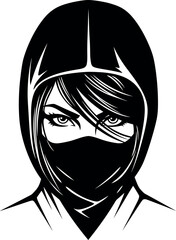 Intense and determined eyes of a mysterious female ninja warrior in a full face mask, a striking monochrome vector illustration for design projects. © Munna_SH