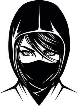 Intense and determined eyes of a mysterious female ninja warrior in a full face mask, a striking monochrome vector illustration for design projects.