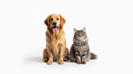 Fluffy golden retriever dog sitting next to gray tabby cat on clean white background.