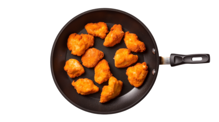 A top down view of golden brown chicken nuggets cooking in a nonstick frying pan on a black background