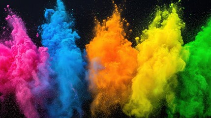 Fototapeta premium A vibrant explosion of colored powder creates a stunning visual effect, showcasing hues of pink, blue, orange, yellow, and green against a dark backdrop.