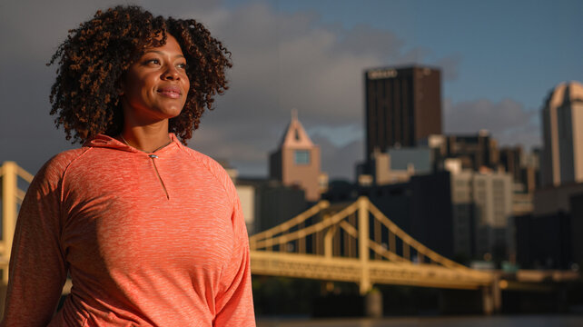 Happy African American woman in sportswear on a city waterfront basking in sunlight - Powered by Adobe
