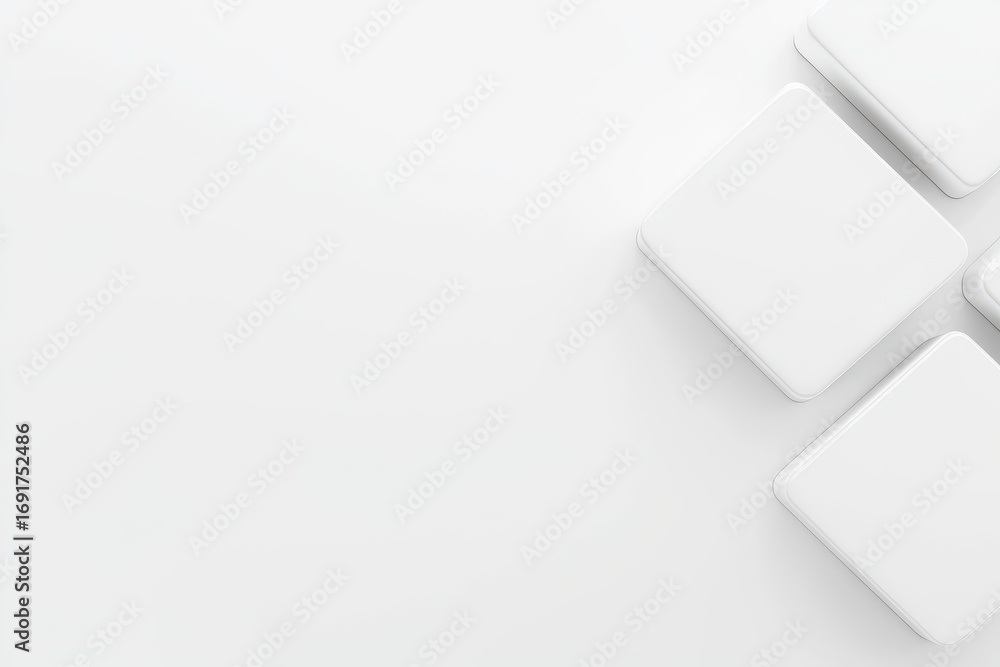 Poster a minimalistic image featuring several white, square objects arranged on a light background, creatin